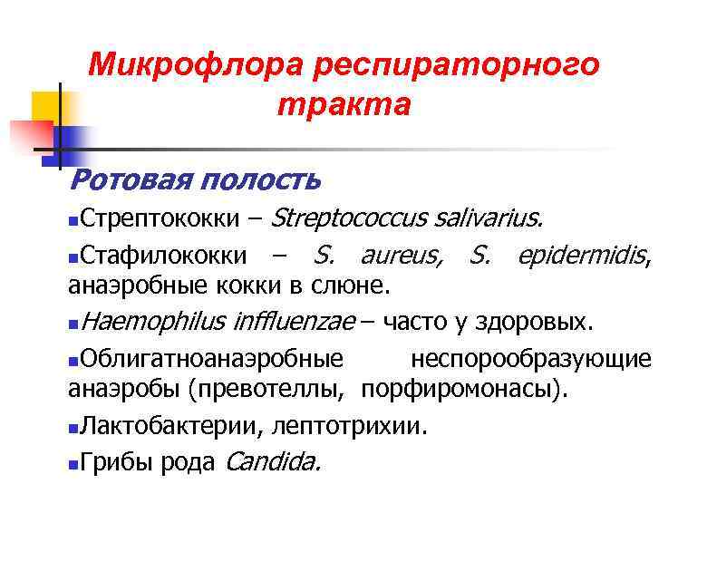 Микрофлора респираторного тракта Ротовая полость Стрептококки – Streptococcus salivarius. n. Стафилококки – S. aureus,