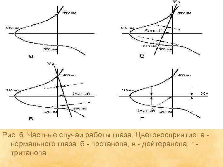 Рис. 6. Частные случаи работы глаза. Цветовосприятие: а нормального глаза, б - протанопа, в