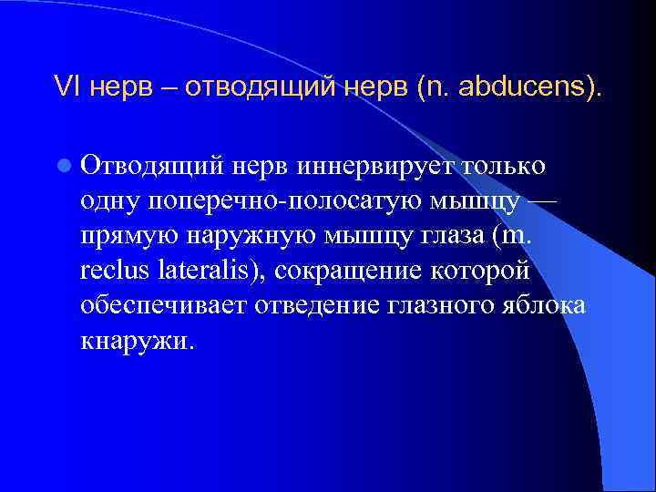 VI нерв – отводящий нерв (n. abducens). l Отводящий нерв иннервирует только одну поперечно-полосатую