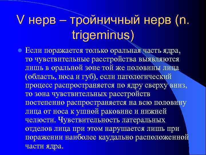 V нерв – тройничный нерв (n. trigeminus) l Если поражается только оральная часть ядра,