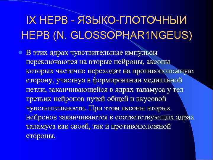 IX НЕРВ - ЯЗЫКО-ГЛОТОЧНЫИ НЕРВ (N. GLOSSOPHAR 1 NGEUS) l В этих ядрах чувствительные