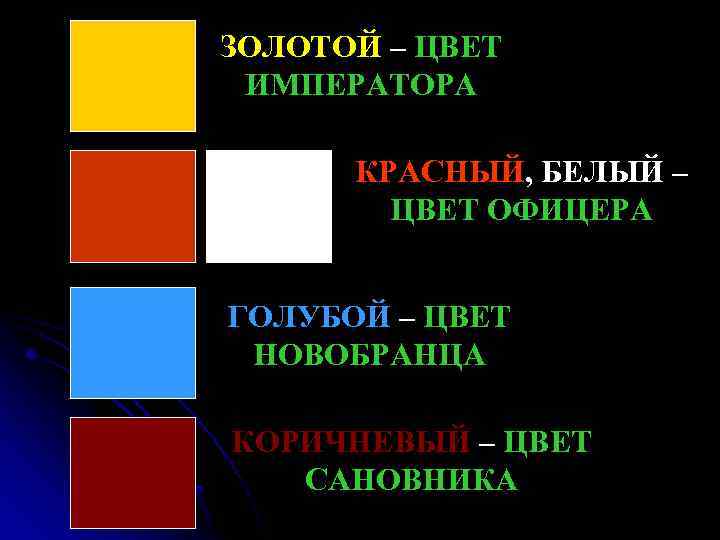 ЗОЛОТОЙ – ЦВЕТ ИМПЕРАТОРА КРАСНЫЙ, БЕЛЫЙ – ЦВЕТ ОФИЦЕРА ГОЛУБОЙ – ЦВЕТ НОВОБРАНЦА КОРИЧНЕВЫЙ