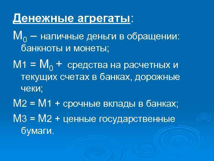 Денежные агрегаты: М 0 – наличные деньги в обращении: банкноты и монеты; M 1