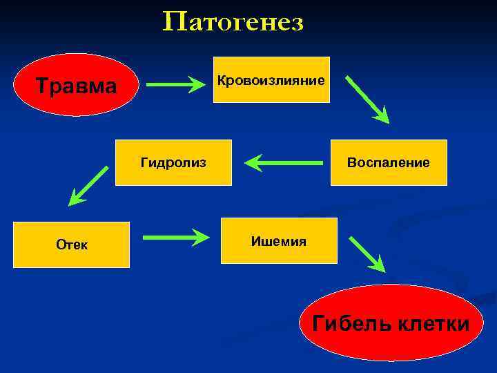 Патогенез Кровоизлияние Травма Гидролиз Отек Воспаление Ишемия Гибель клетки 