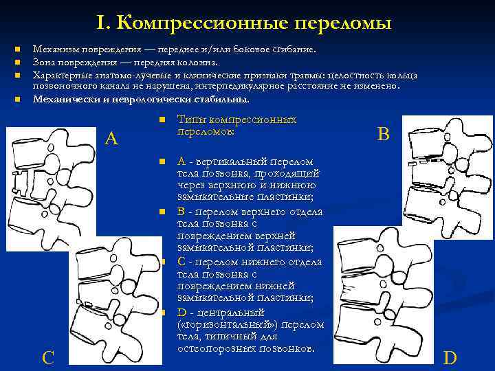 I. Компрессионные переломы n n Механизм повреждения — переднее и/или боковое сгибание. Зона повреждения