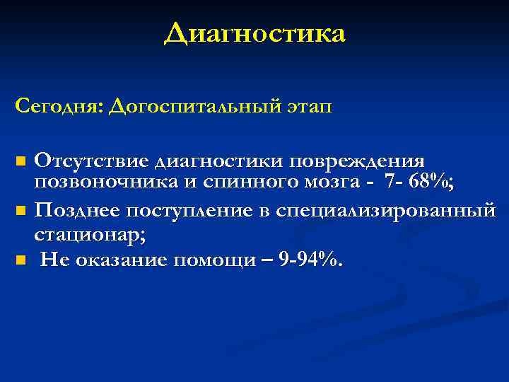 Диагностика Сегодня: Догоспитальный этап Отсутствие диагностики повреждения позвоночника и спинного мозга - 7 -