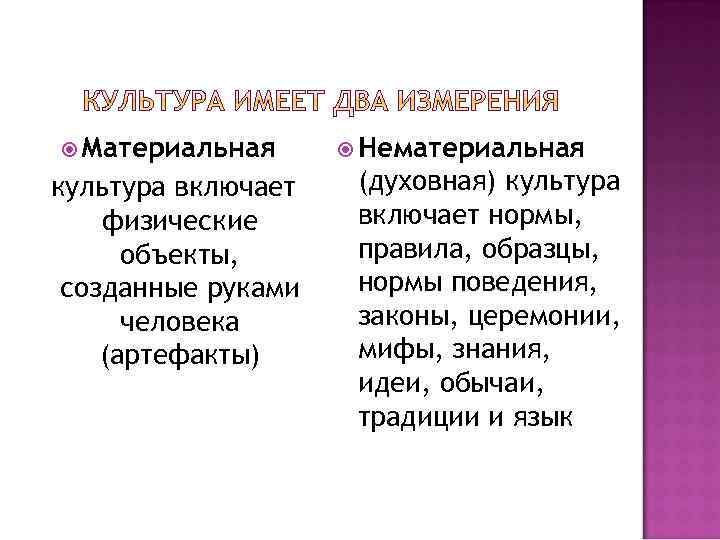  Материальная культура включает физические объекты, созданные руками человека (артефакты) Нематериальная (духовная) культура включает