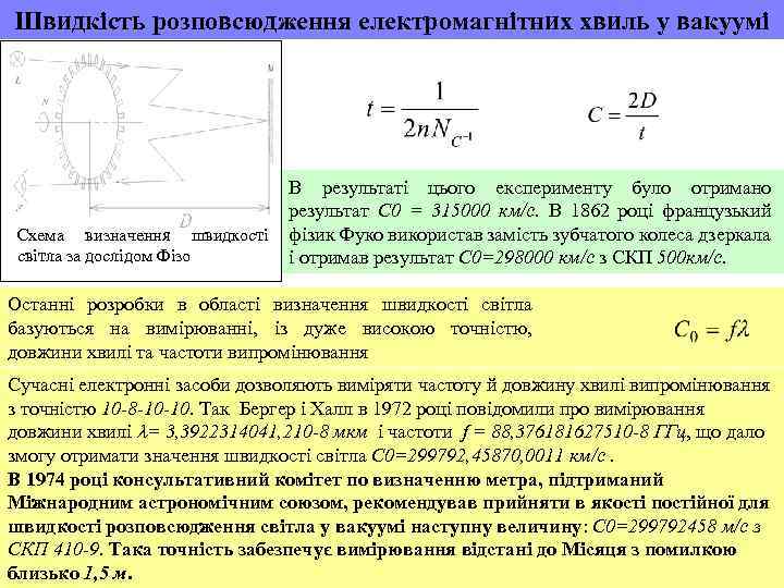 Швидкість розповсюдження електромагнітних хвиль у вакуумі Схема визначення швидкості світла за дослідом Фізо В