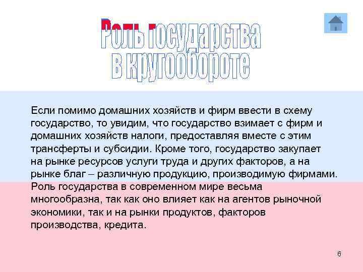 Если помимо домашних хозяйств и фирм ввести в схему государство, то увидим, что государство