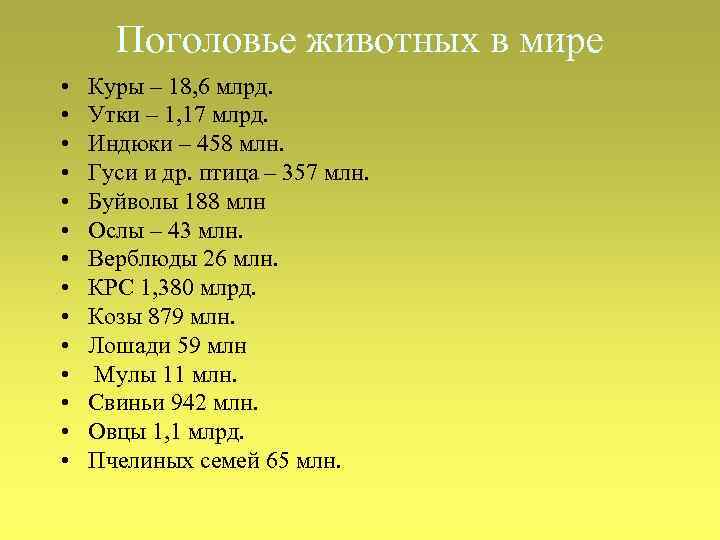 Поголовье животных в мире • • • • Куры – 18, 6 млрд. Утки