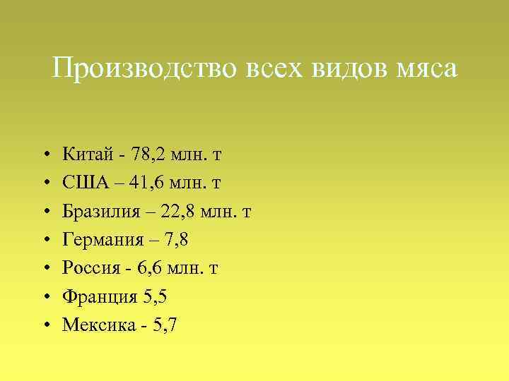 Производство всех видов мяса • • Китай - 78, 2 млн. т США –