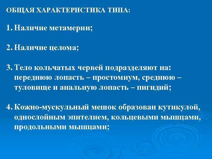 ОБЩАЯ ХАРАКТЕРИСТИКА ТИПА: 1. Наличие метамерии; 2. Наличие целома; 3. Тело кольчатых червей подразделяют