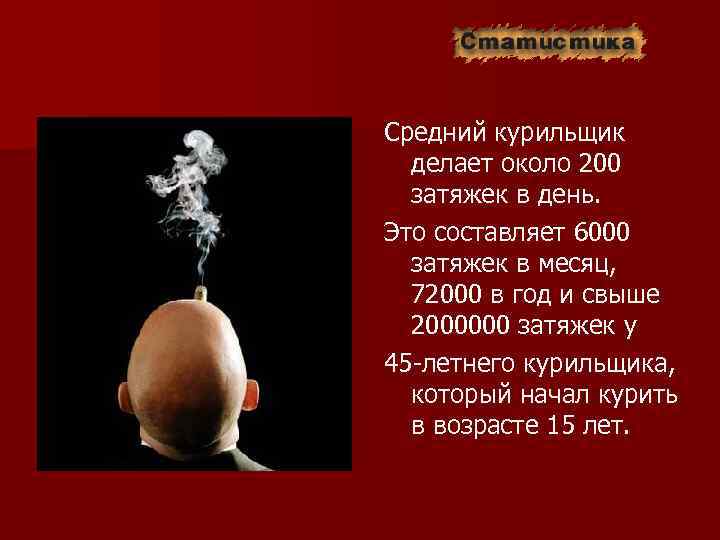 Средний курильщик делает около 200 затяжек в день. Это составляет 6000 затяжек в месяц,