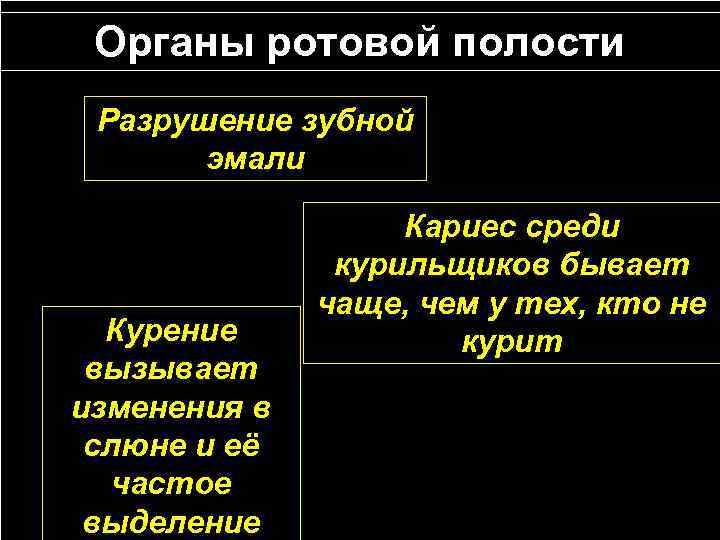 Органы ротовой полости Разрушение зубной эмали Курение вызывает изменения в слюне и её частое