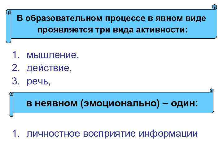 В образовательном процессе в явном виде проявляется три вида активности: 1. мышление, 2. действие,