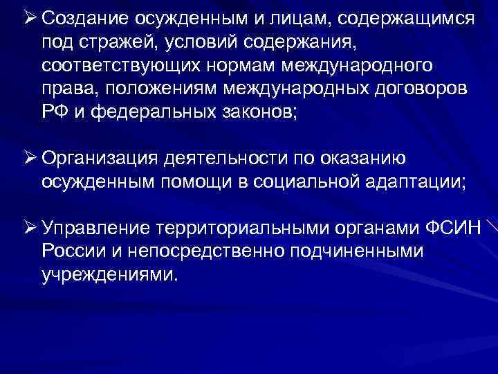 Ø Создание осужденным и лицам, содержащимся под стражей, условий содержания, соответствующих нормам международного права,