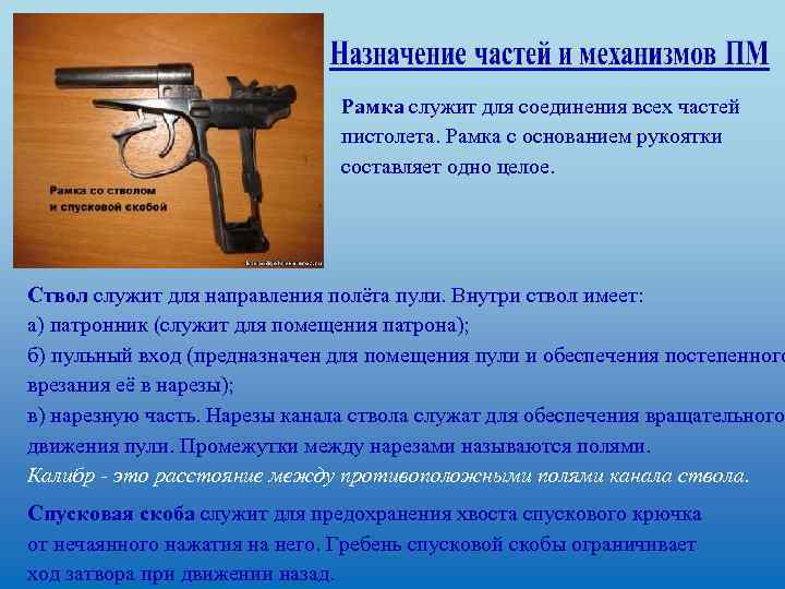 Рамка служит для соединения всех частей пистолета. Рамка с основанием рукоятки составляет одно целое.