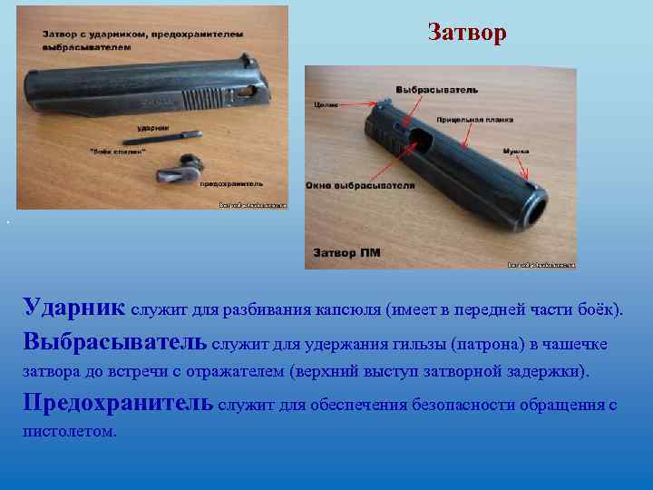 Затвор . Ударник служит для разбивания капсюля (имеет в передней части боёк). Выбрасыватель служит