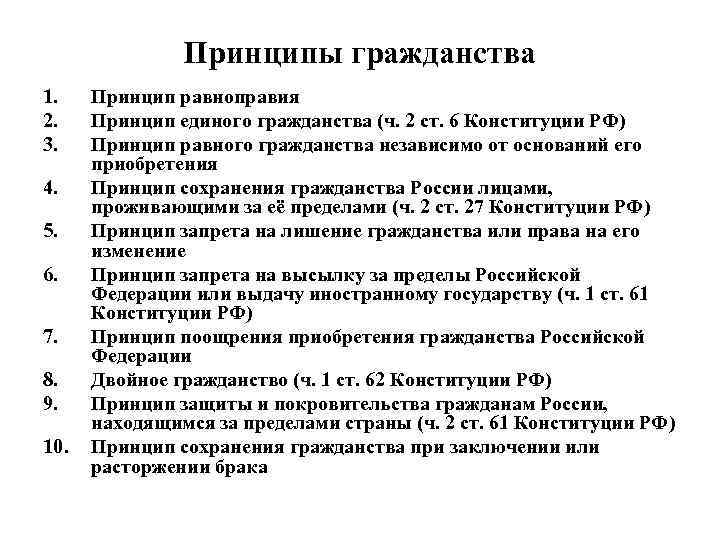Принципы гражданства 1. 2. 3. 4. 5. 6. 7. 8. 9. 10. Принцип равноправия