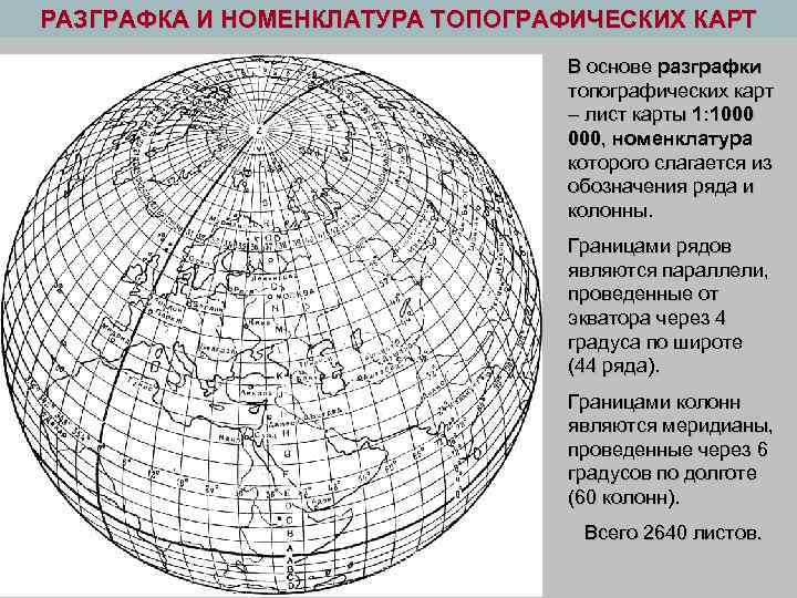 РАЗГРАФКА И НОМЕНКЛАТУРА ТОПОГРАФИЧЕСКИХ КАРТ В основе разграфки топографических карт – лист карты 1: