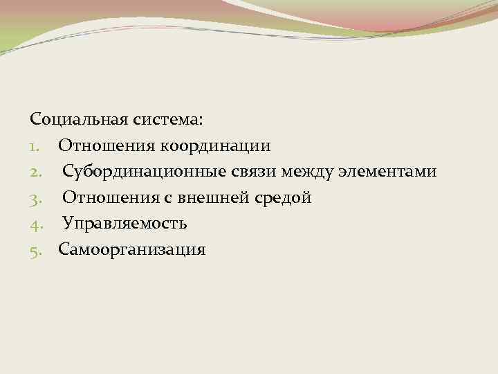 Социальная система: 1. Отношения координации 2. Субординационные связи между элементами 3. Отношения с внешней