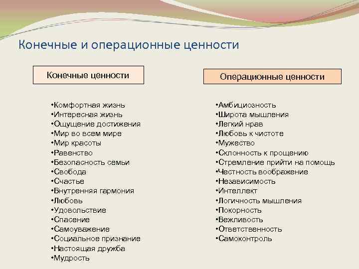 Конечные и операционные ценности Конечные ценности • Комфортная жизнь • Интересная жизнь • Ощущение