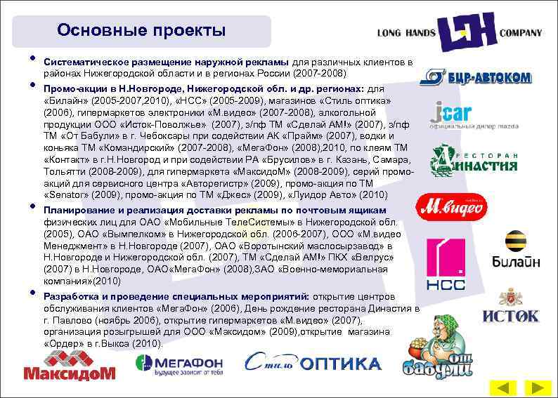 Основные проекты • • Систематическое размещение наружной рекламы для различных клиентов в районах Нижегородской