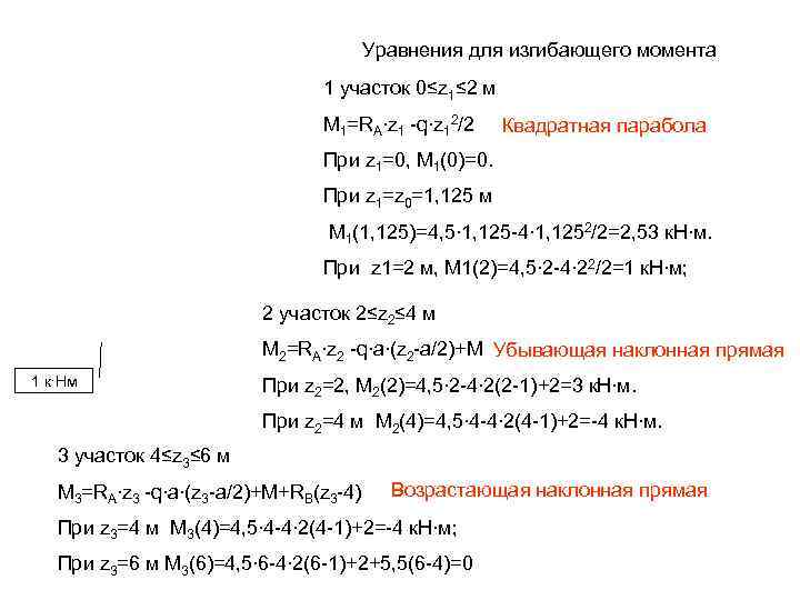 Уравнения для изгибающего момента 1 участок 0≤z 1≤ 2 м M 1=RA∙z 1 -q∙z