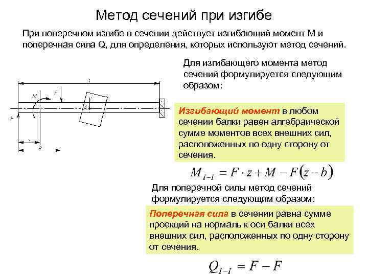 Метод сечений при изгибе При поперечном изгибе в сечении действует изгибающий момент М и