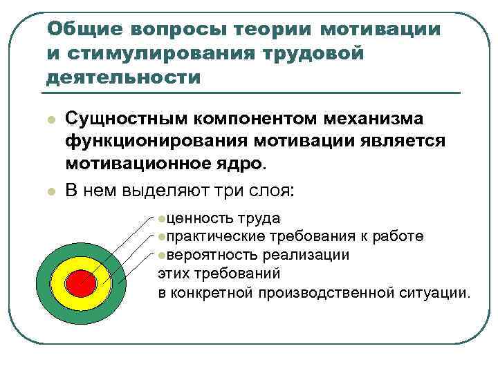 Общие вопросы теории мотивации и стимулирования трудовой деятельности l l Сущностным компонентом механизма функционирования