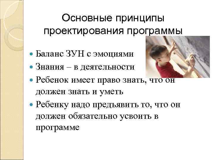 Основные принципы проектирования программы Баланс ЗУН с эмоциями Знания – в деятельности Ребенок имеет