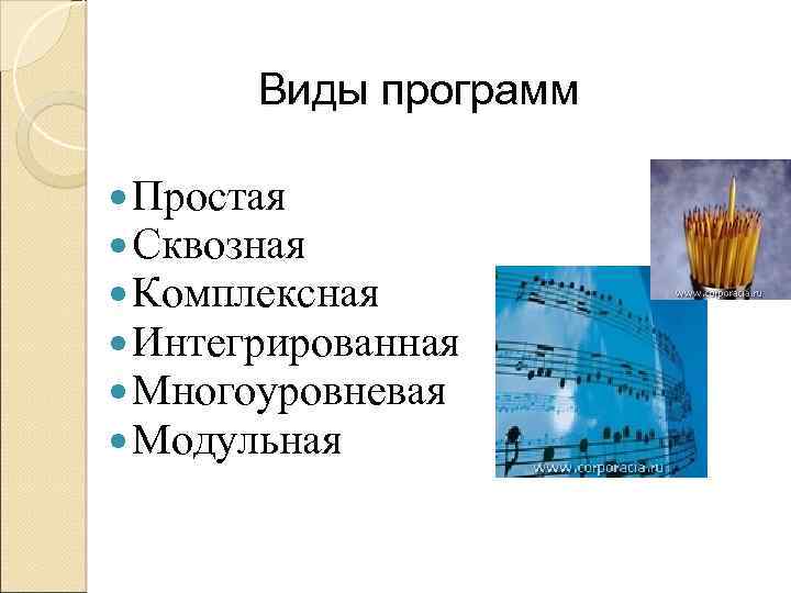 Виды программ Простая Сквозная Комплексная Интегрированная Многоуровневая Модульная 