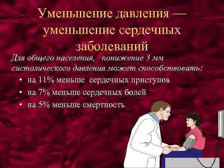 Уменьшение давления — уменьшение сердечных заболеваний Для общего населения, понижение 3 мм систолического давления