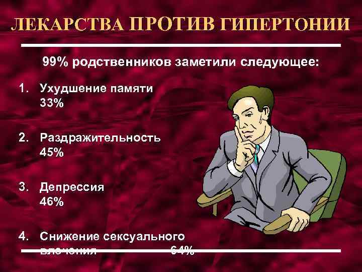 ЛЕКАРСТВА ПРОТИВ ГИПЕРТОНИИ 99% родственников заметили следующее: 1. Ухудшение памяти 33% 2. Раздражительность 45%