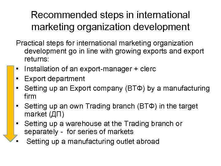 Recommended steps in international marketing organization development Practical steps for international marketing organization development