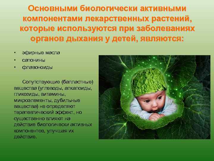 Основными биологически активными компонентами лекарственных растений, которые используются при заболеваниях органов дыхания у детей,