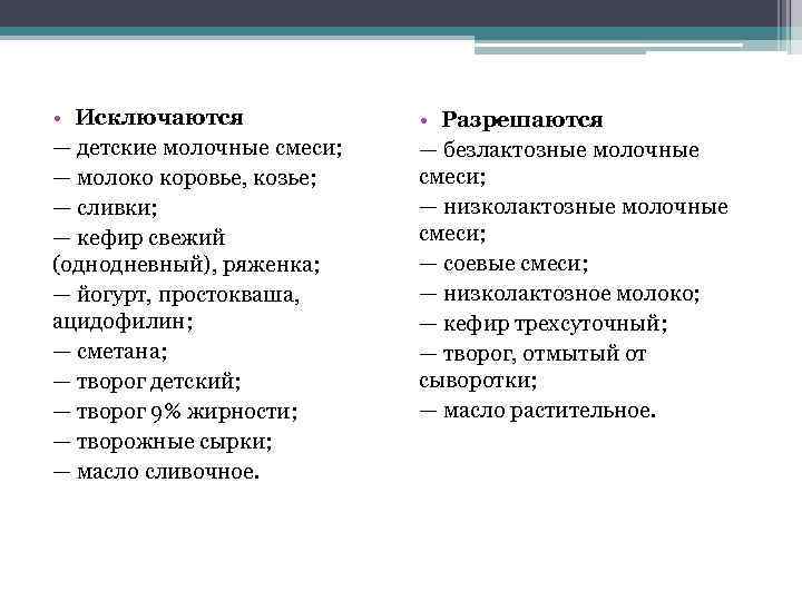  • Исключаются — детские молочные смеси; — молоко коровье, козье; — сливки; —