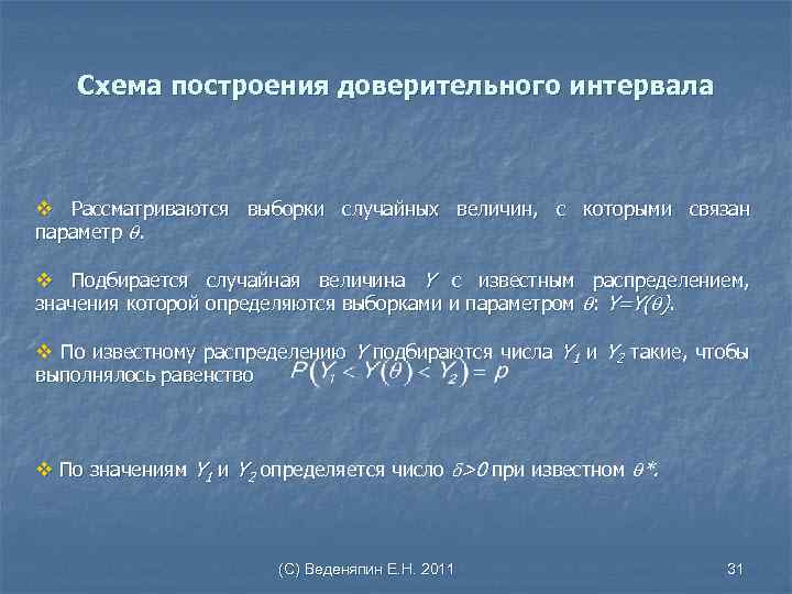 Схема построения доверительного интервала v Рассматриваются выборки случайных величин, с которыми связан параметр .