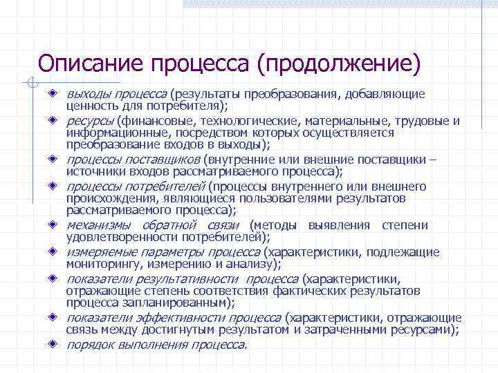 Описание процесса (продолжение) выходы процесса (результаты преобразования, добавляющие ценность для потребителя); ресурсы (финансовые, технологические,