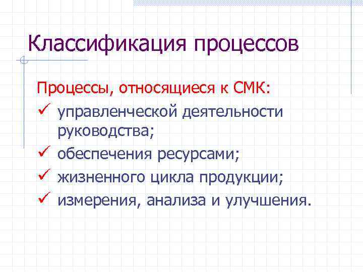 Классификация процессов Процессы, относящиеся к СМК: ü управленческой деятельности руководства; ü обеспечения ресурсами; ü