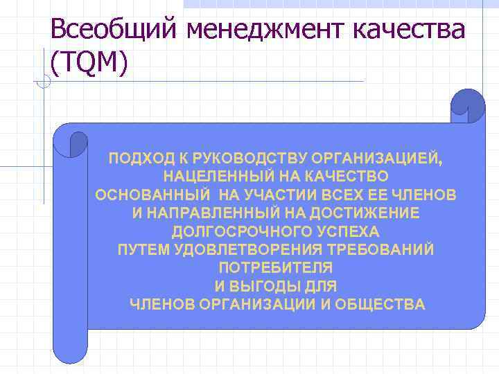 Всеобщий менеджмент качества (TQM) ПОДХОД К РУКОВОДСТВУ ОРГАНИЗАЦИЕЙ, НАЦЕЛЕННЫЙ НА КАЧЕСТВО ОСНОВАННЫЙ НА УЧАСТИИ