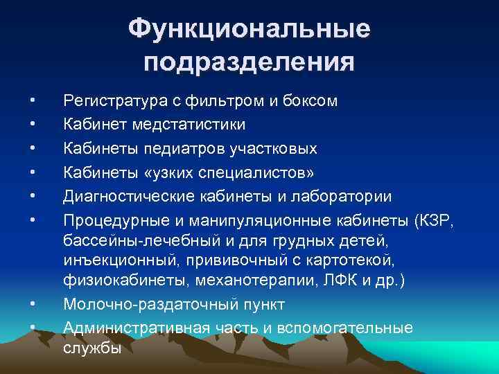 Функциональные подразделения • • Регистратура с фильтром и боксом Кабинет медстатистики Кабинеты педиатров участковых