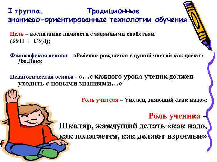 I группа. Традиционные знаниево-ориентированные технологии обучения Цель – воспитание личности с заданными свойствам (ЗУН