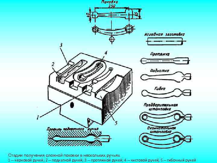 Стадии получения сложной поковки в нескольких ручьях 1 – черновой ручей; 2 – подкатной