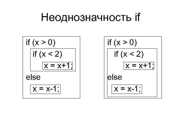 Неоднозначность if if (x > 0) if (x < 2) x = x+1; else