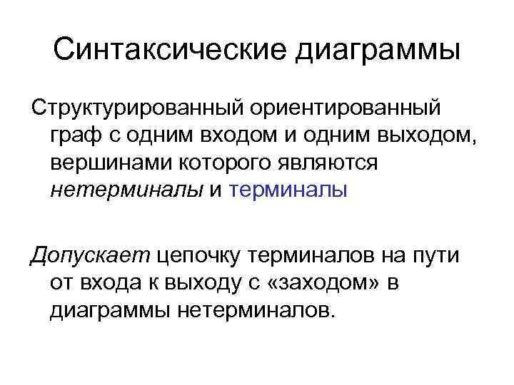 Синтаксические диаграммы Структурированный ориентированный граф с одним входом и одним выходом, вершинами которого являются