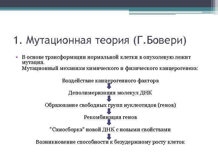 1. Мутационная теория (Г. Бовери) • B основе трансформации нормальной клетки в опухолевую лежит