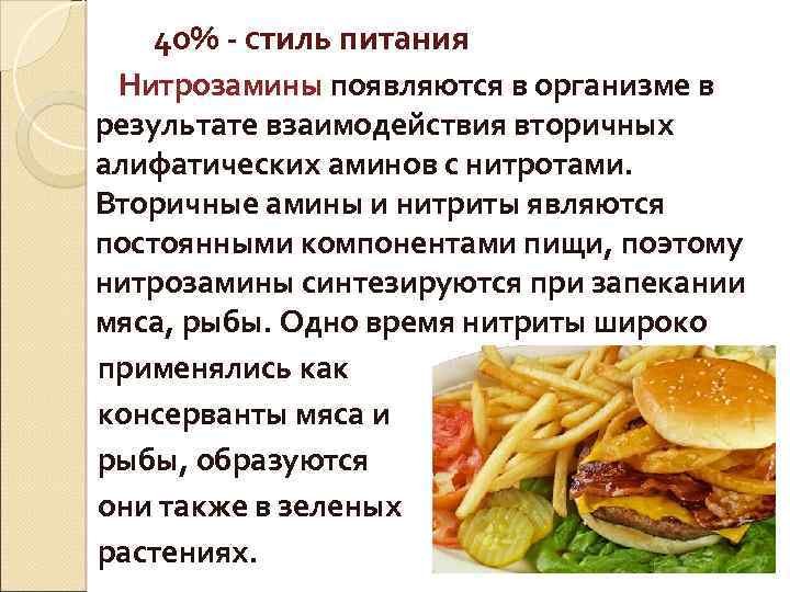 40% - стиль питания Нитрозамины появляются в организме в результате взаимодействия вторичных алифатических аминов