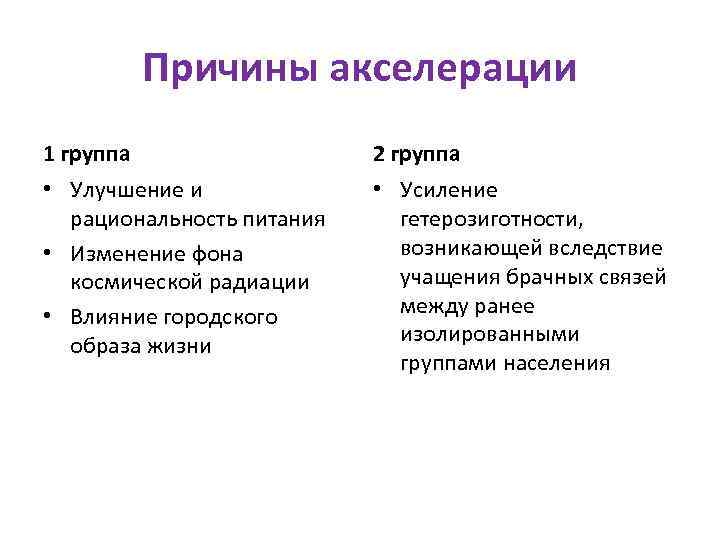Причины акселерации 1 группа 2 группа • Улучшение и рациональность питания • Изменение фона