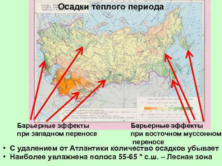 Осадки теплого периода Барьерные эффекты при западном переносе Барьерные эффекты при восточном муссонном переносе